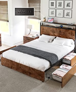 LUXOAK Full Size Bed Frame With 4 Storage Drawers Wooden Platform Bed With 2 Tires Storage Headboard And Charging Station No Box Spring NeededNoise FreeRustic Brown 0 300x360