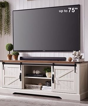 OKD Farmhouse TV Stand For 75 Inch TV With Sliding Barn Door Rustic Wood Entertainment Center Large Media Console Cabinet Long Television Stands For 70 Inch TVs Antique White 0 300x360