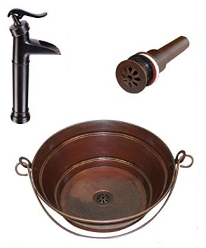 SimplyCopper 15 Round Copper Vessel BUCKET Sink With Daisy Drain And 13 Pump Look Faucet 0 300x360