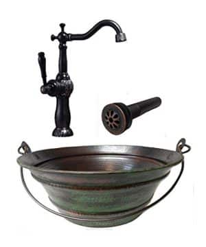 SimplyCopper 15 Round Vintage Look Copper Bucket Vessel Sink With GREEN Patina With Drain And 13 ORB Claymore Vessel Filler Faucet 0 300x360