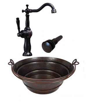 SimplyCopper 15 Round Vintage Look Copper Bucket Vessel Sink With Pop Up Drain And 13 ORB Claymore Vessel Filler Faucet 0 300x360