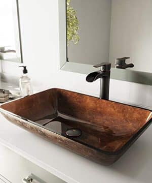 VIGO VGT1055 225 L 145 W 105 H Handmade Glass Rectangle Vessel Bathroom Sink Set In Rich Chocolate Brown Finish With Antique Rubbed Bronze Single Handle Single Hole Faucet And Pop Up Drain 0 300x360