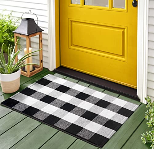 Bezon Buffalo Plaid Door Mat 24x36 Cotton Rug For Outdoor Indoor Checkered Welcome Front Porch Kitchen Laundry Farmhouse Home Entryway Black White Goals