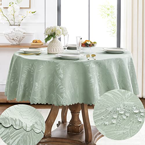 Jacquard Round Tablecloth Sage Green Table Cloth Leaves Pattern Scalloped Edge Silky Soft Waterproof Washable 50 Inch Fabric Table Cover For 20 38 Dinning Table Kitchen Party Banquet Decoration 0 