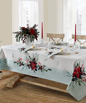 Lintex Holly Bough Stonewashed Border Traditional Christmas Poinsettia And Holly Sprig Sage Bordered Xmas Holiday Easy Care Fabric Tablecloth 60 Inch X 84 Inch OblongRectangle 0 300x360