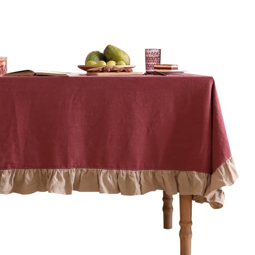 patdrea Designer Vintage Ruffle TableCloths for Rectangle and Round Tables,Red French Country Cotton Linen Tablecloths,Shabby Chic Farmhouse Decor Decoration for Parties Wedding Christmas,63"*63"